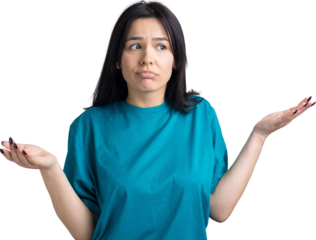 I don't know. Studio shot of confused brunette female.