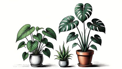 Watercolor Illustration of Three House Plants Potted Decorative Plants