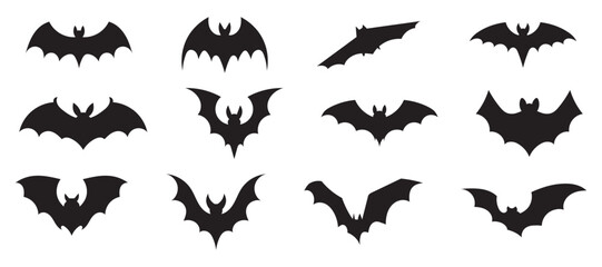 Halloween bat set, Collection of halloween bats silhouette vector on white background . Creepy Bat Silhouettes Vector Pack – Gothic Halloween Flying Bat Icons