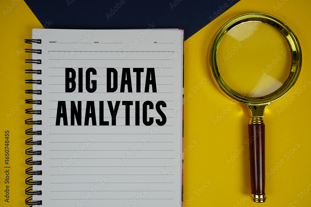 Poster big data analytics text with magnifying glass on yellow background
