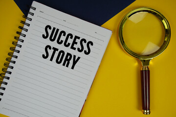 Success Story text with magnifying glass on yellow background