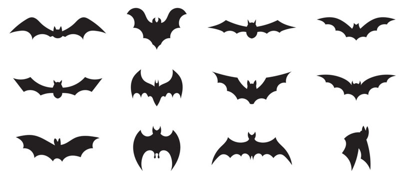 set of halloween bat silhouette vector on tranparent background . Flying Black Bat Icons Collection