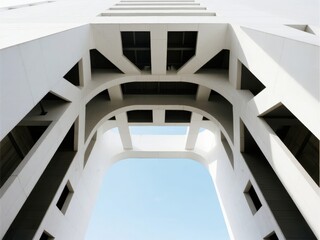 Fototapeta premium Architectural Detail of a Modern Building with Geometric Patterns and Open Sky View