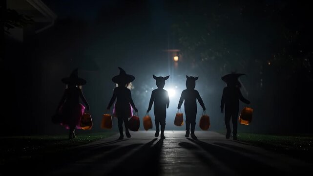 Halloween children silhouette trick or treating