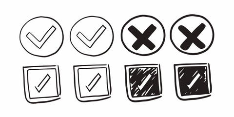 Hand drawn check marks and crosses in circles and squares representing choices and decisions made on transparent background