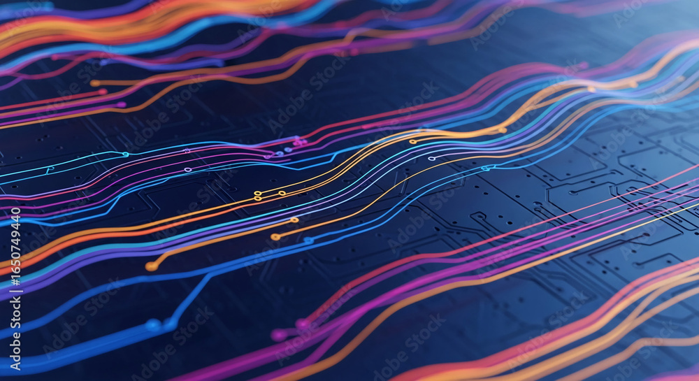 Aufkleber abstract image of colorful wavy lines on dark background, suggesting technological network or data f