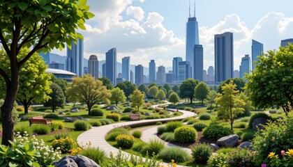 imagine a futuristic city where green spaces are integrated throughout urban areas providing clean air cooling effects recreational parks community gardens and enhancing mental health and well being f