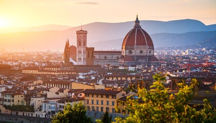 Sunset view of a European city, featuring a large domed cathedral and surrounding architecture