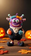 Cute purple monster toy with big smile and colorful hair standing on wooden table. Halloween and monster party. Autumn holiday fun.