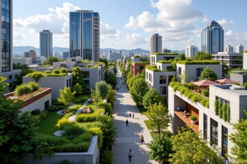 Fototapeta premium create a modern cityscape integrating green spaces throughout streets rooftops and open areas promoting mental health physical activity air purification cooling effects and urban biodiversity while pr