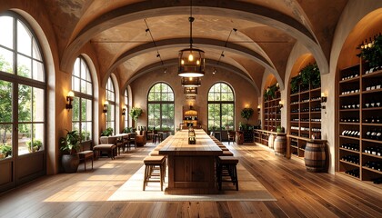 A spacious wine tasting room with arched windows and wooden furnishings.