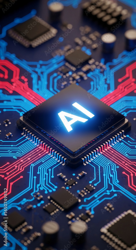 Poster close-up of ai chip on circuit board with glowing blue and red circuitry, showcasing technological a