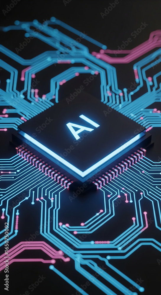 Poster ai processor chip glowing with blue light on a circuit board, symbolizing artificial intelligence te