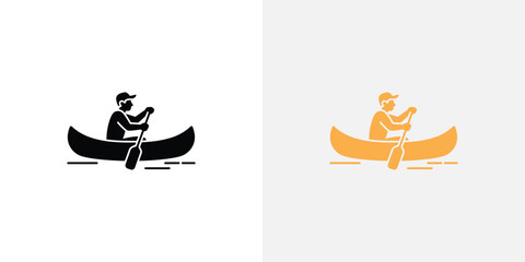 Black and Gold Icon Illustration of Person Paddling a Canoe on the Water