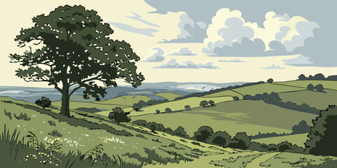 Beautiful Green Mountains with Sky and Clouds Background