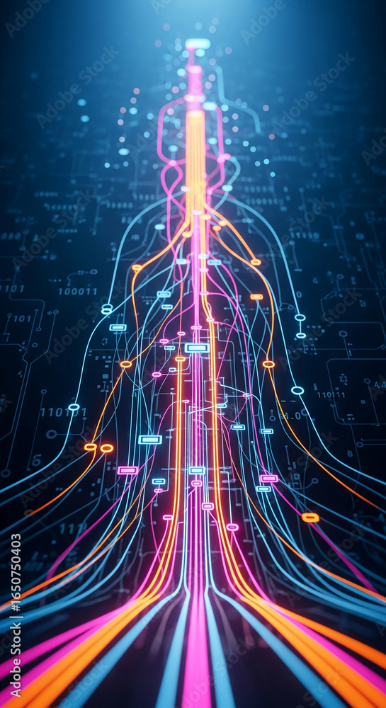Aufkleber abstract image of glowing neon lines converging, creating a digital network effect, symbolizing conn
