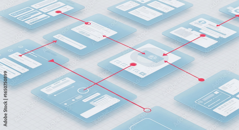 Poster isometric illustration of light-blue interface elements connected by red arrows, showcasing a user f