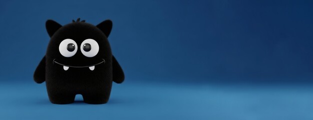 Cute furry fluffy black monster with big eyes and a smile. Playful cartoon character for children's halloween party background.