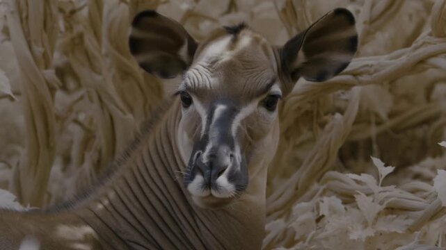 Close-up portrait of a beautiful Okapi resting and looking directly at the camera.
