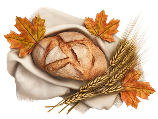 Rustic bread with wheat and autumn leaves on white background