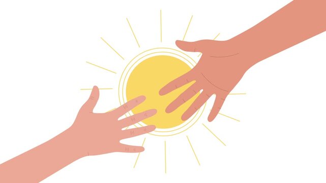 Animation of two hands reaching towards each other with a spinning sun in the middle. Concept of support, help, and mutual assistance.