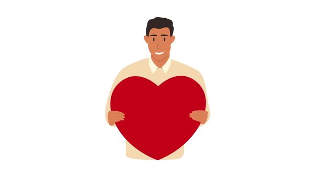 Animated flat illustration of a smiling man holding a big heart &mdash; concept of mutual assistance, support, love, and donations