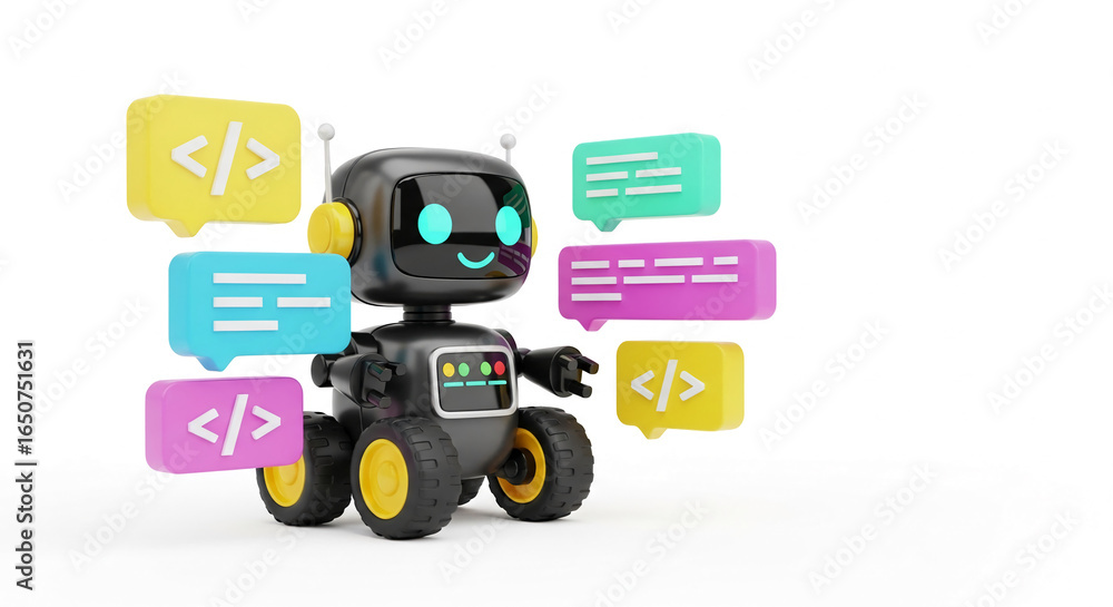 Poster friendly robot surrounded by colorful chat bubbles, symbolizing ai communication and technological a