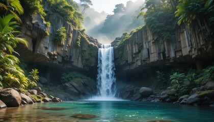 A glistening waterfall cascading down rocky cliffs among mist and tropical vegetation