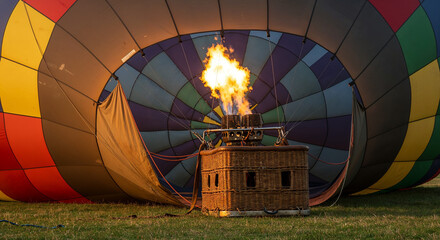 Obraz premium Close-up of a vibrant hot air balloon moments before liftoff, showing detailed fabric, wicker basket, and burner flame. 