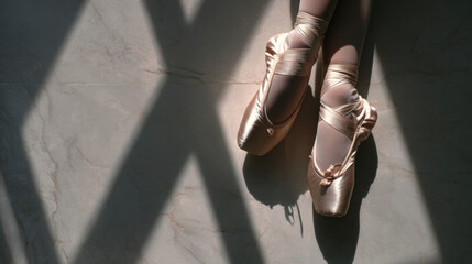 Ballet dancer wearing pointe shoes resting in soft studio light