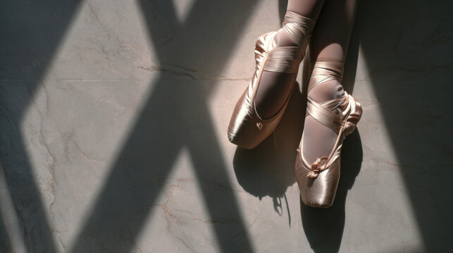 Ballet dancer wearing pointe shoes resting in soft studio light