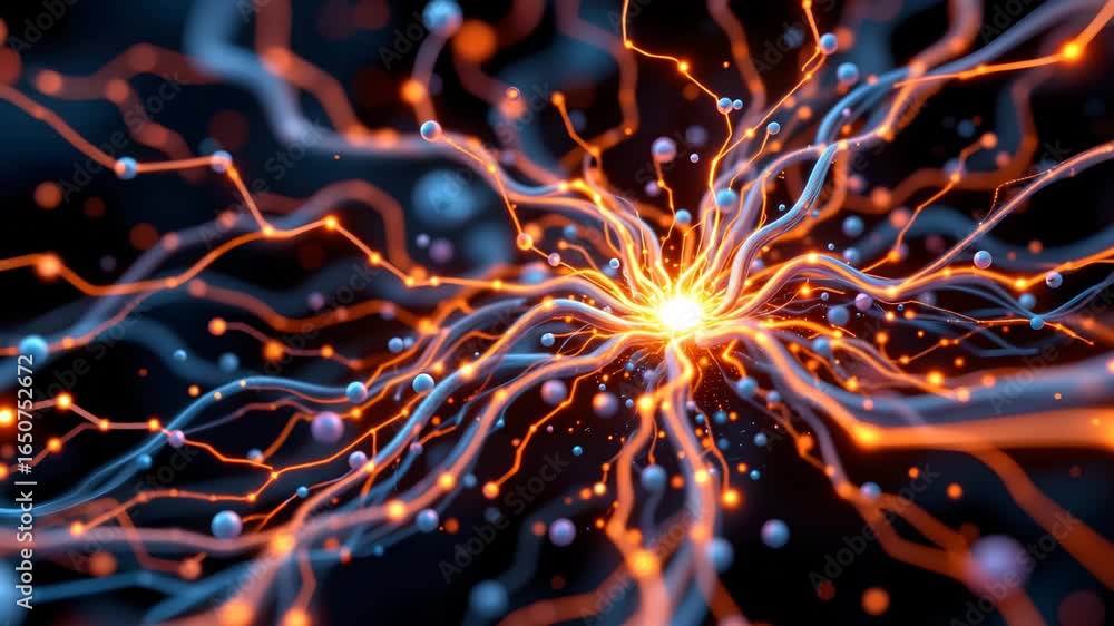 Poster brain neuron network: illuminated pathways of a brain neuron network, displaying intricate connectio