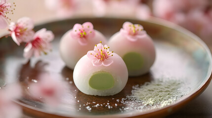 Pink Sakura Mochi with Green Matcha Filling on a Traditional Plate