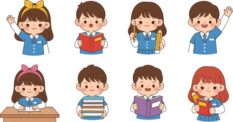 Cheerful cartoon school children in blue uniforms learning, reading, studying, waving, and collaborating together in fun educational classroom activities