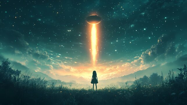A girl watches a ufo beaming light down from the night sky with stars and clouds in the background