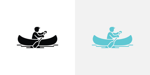 Man Canoeing Black Silhouette and Blue Variant, Simple Flat Design, Paddling Illustration