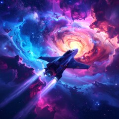 Spaceship traversing a vibrant nebula, streaks of light trailing behind