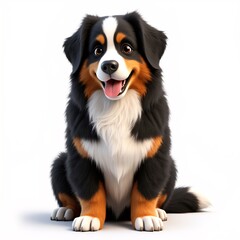 A joyful Bernese Mountain Dog puppy with a fluffy tricolor coat sits happily, smiling at the camera against a white background.