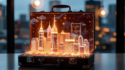 City Inside Briefcase: An open briefcase transforms into a stunning cityscape, showcasing illuminated skyscrapers and urban elements, symbolizing dreams, opportunities.
