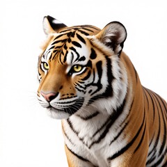 Obraz premium A magnificent tiger, featuring its iconic black stripes and intense yellow eyes, stands poised against a pristine white backdrop.