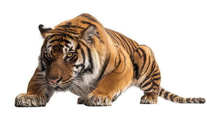 Obraz premium Bengal Tiger Crouching – Powerful Big Cat Predator Isolated