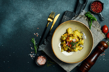 A plate of homemade fried potatoes with bacon and onions. On a black stone background. Free space...