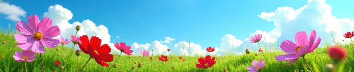 Obraz premium Cosmos flowers scattered on grassy field under bright blue sky , outdoors, flowers, nature