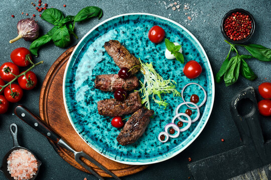 Lyula kebab made of veal. Barbecue menu. Azerbaijani cuisine. Top view.