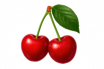 Glossy red cherries with verdant leaf suspended, symbolizing freshness, nutrition, and vibrant culinary graphic potential