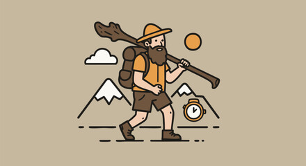 Adventurous Hiker's Journey A Line Art Illustration of Mountain Exploration and Outdoor Adventures