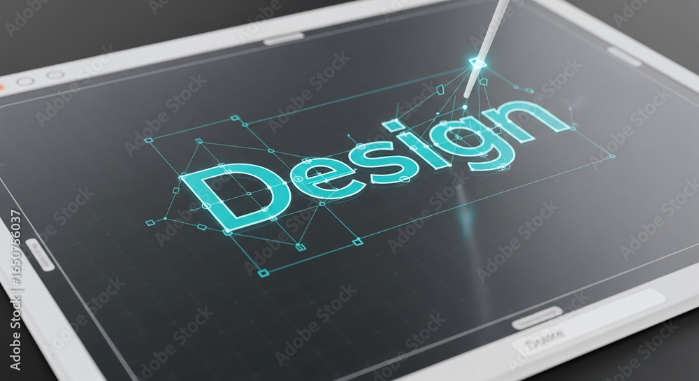 Poster digital tablet screen displays glowing cyan 