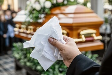 hand hold crumpled tissue at funeral. Death and grief