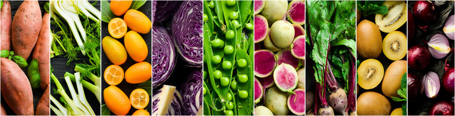 Organic food - photo collage. Set of fresh vegetables, fruits and organic healthy food. Photo...