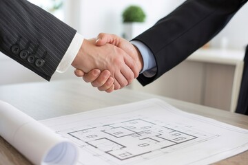 business handshake above blueprint. Construction bid and partnership
